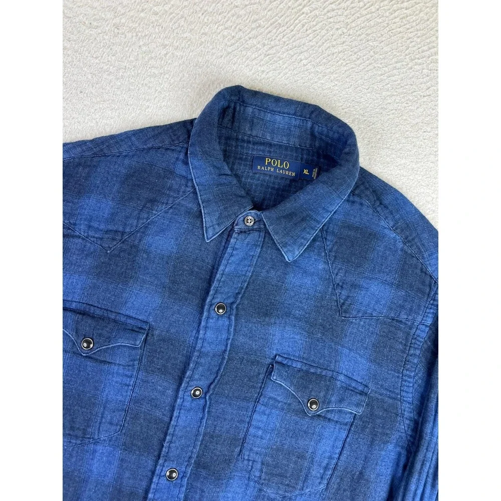 Polo Ralph Lauren Shirt Mens XL Blue Plaid Snap Button Long Sleeve Western